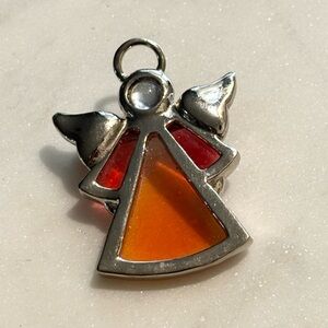 Stained Glass Red And Orange Angel Brooch Pin With Silver Tone Trim
